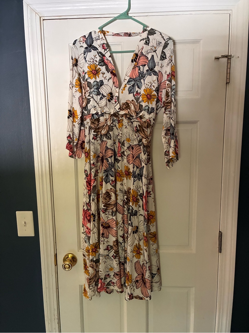 Floral Printed Long Robe in Cream with Pink & Yellow Accents
